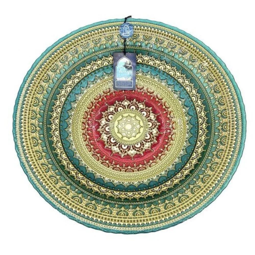 Turkish Glass Round Bowl Dinner Display Green Gold Oriental Lace 16” W XL